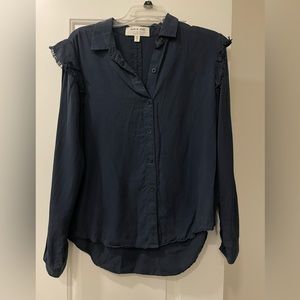 Navy Blouse with Fringe Sleeve